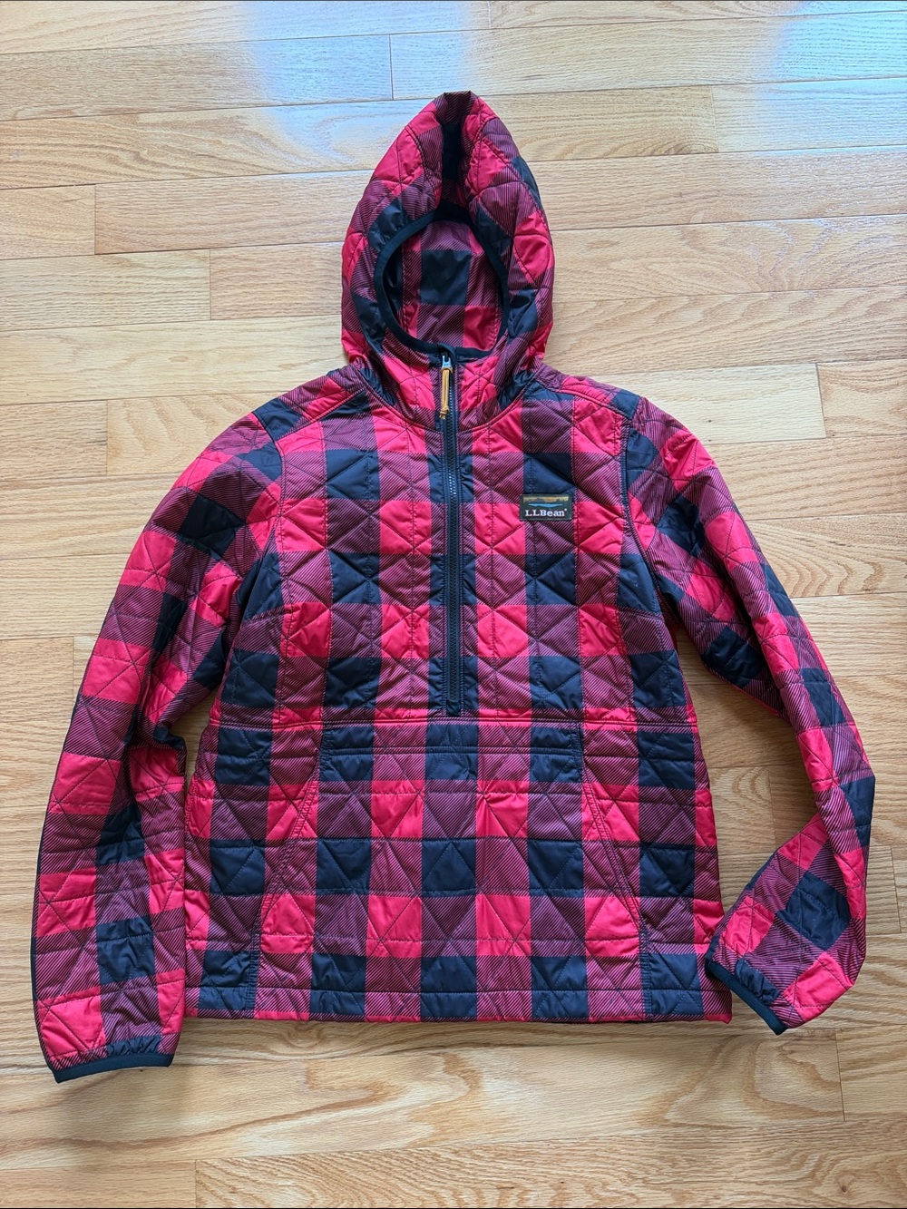L.L. Bean women’s Hooded Puffer Jacket in Red and Black Plaid